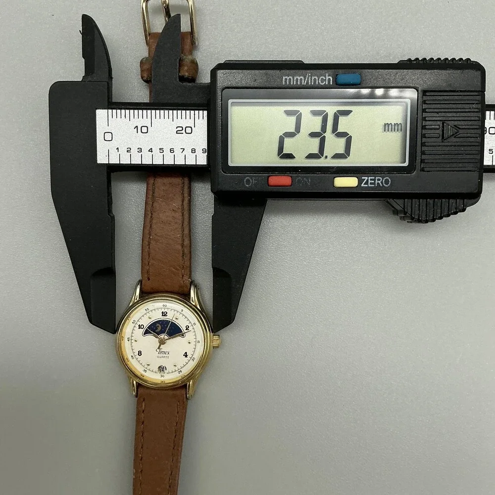 Vintage Timex Womens Watch 24mm Moon Phase Date Brown Leather New Battery